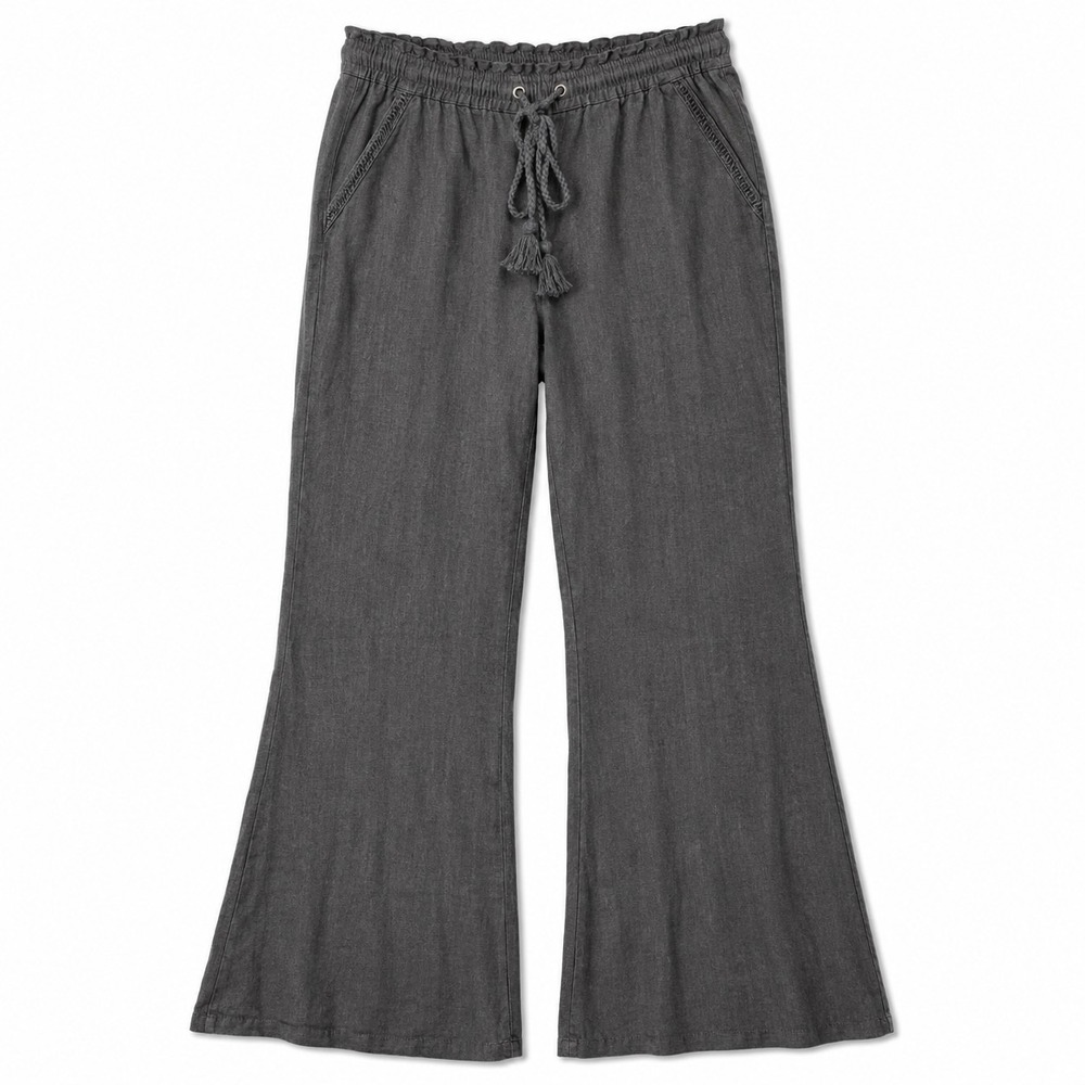 REWIND Linen Blend Low Rise Wide-Leg Pant Sz M Black Drawstring Elastic Waist